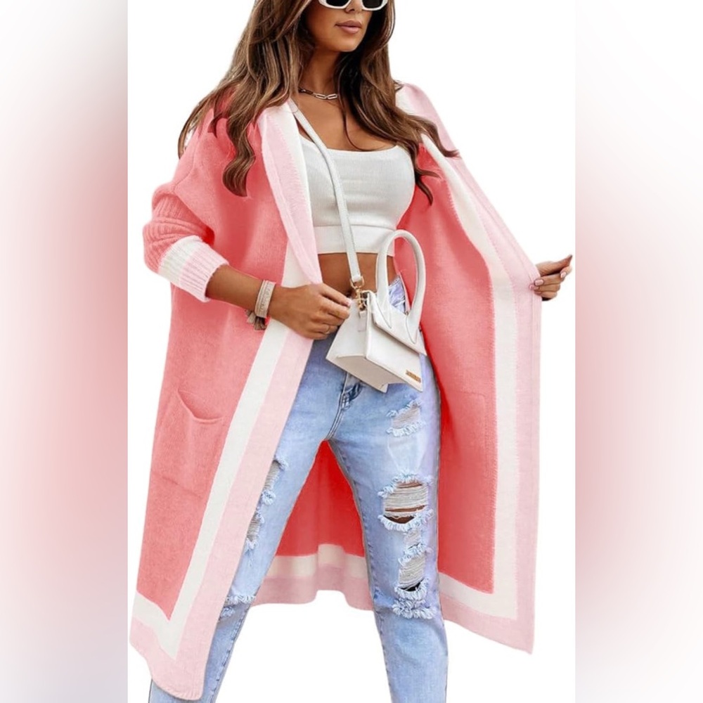 chouyatou Color Block Vertical Striped Open Front Oversized Hooded Long Cardigan